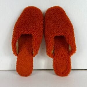 SLEEPER Shearling Mules Slippers Women Size 5.5 36 Orange Square Toe Handmade